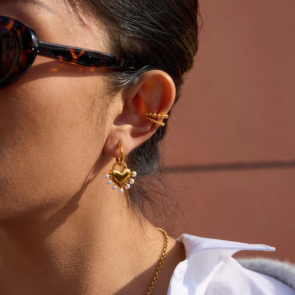 18K Pearl Heart Puffy  Earrings