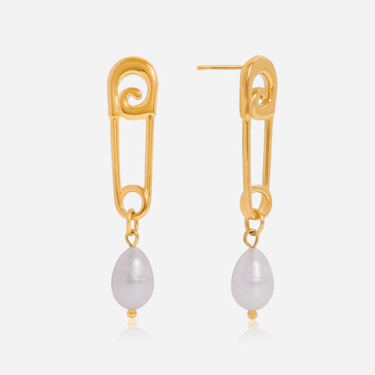 Freshwater Pearl Gold Paperclip Earrings