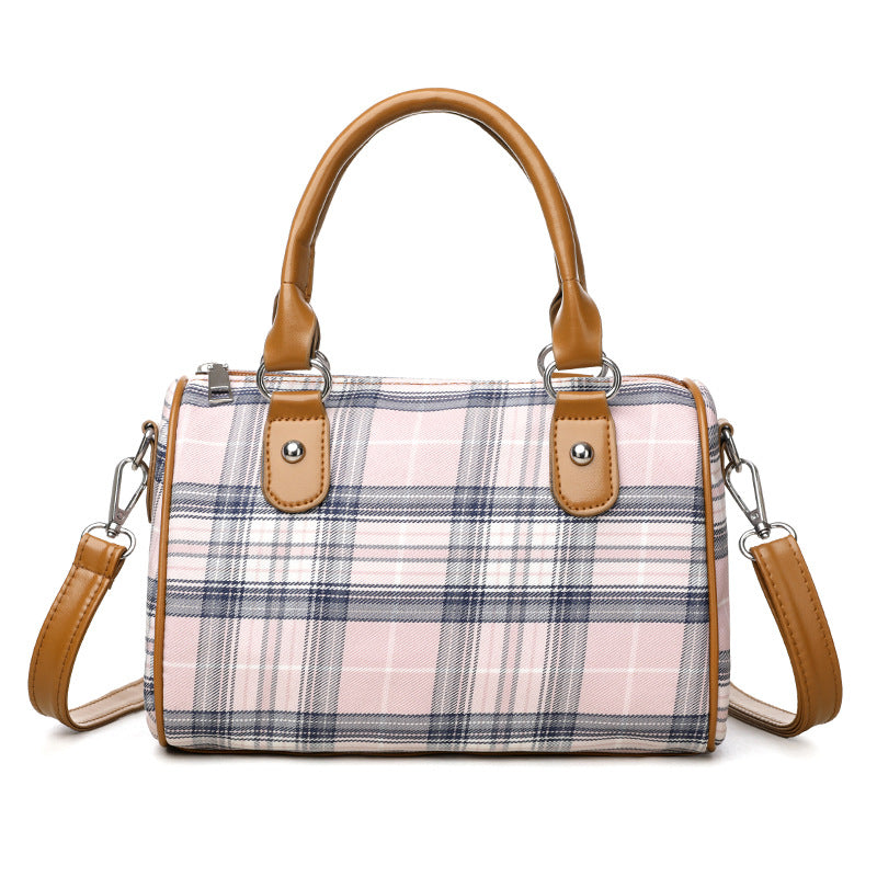 Plaid Style Round Barrel Shoulder Bag