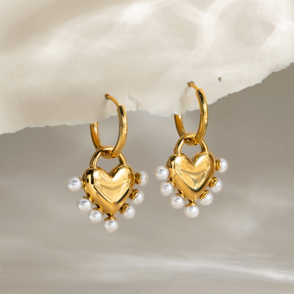 18K Pearl Heart Puffy  Earrings