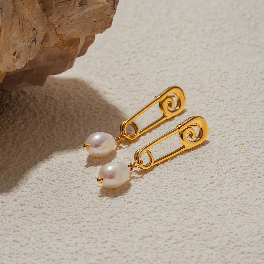 Freshwater Pearl Gold Paperclip Earrings