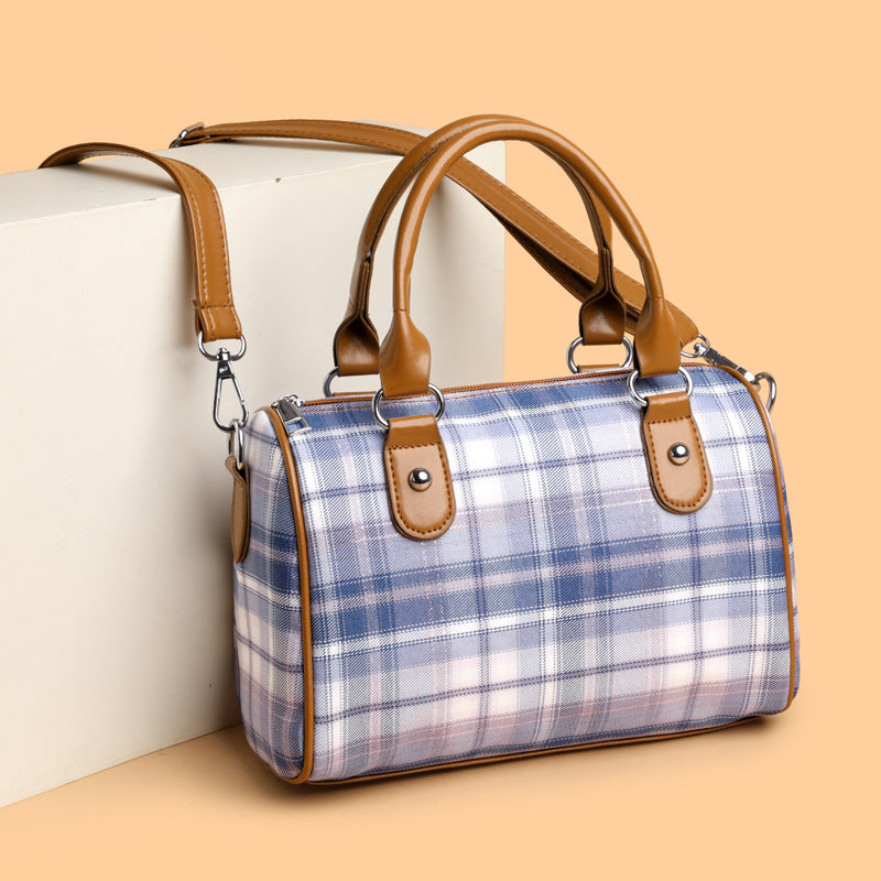 Plaid Style Round Barrel Shoulder Bag