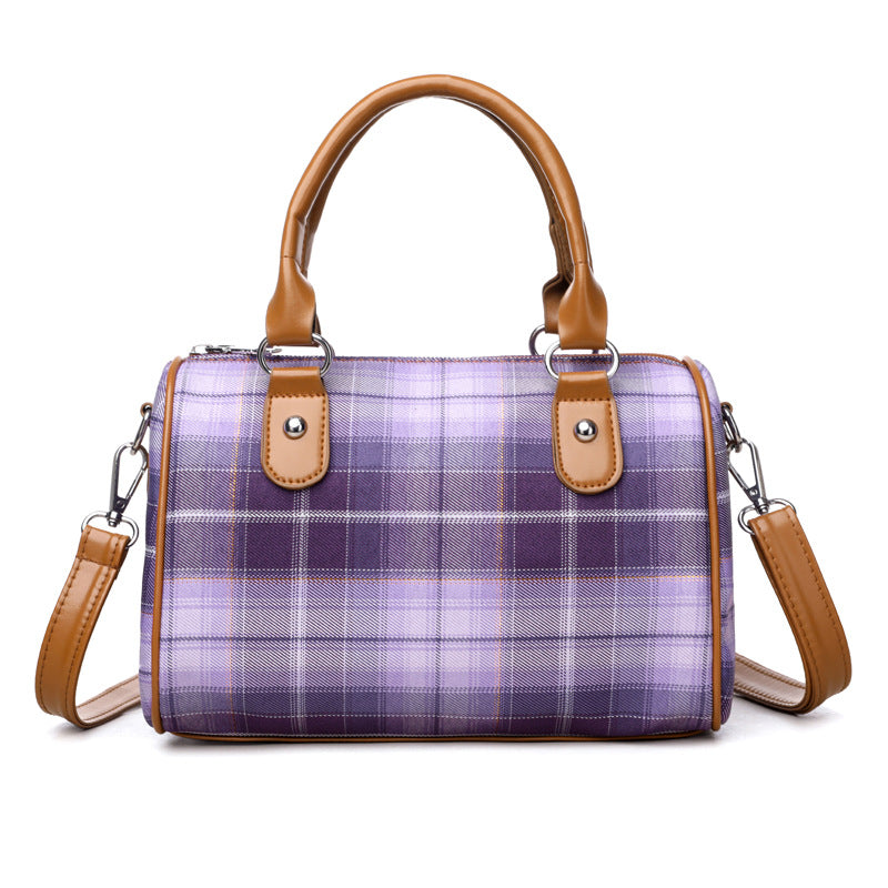 Plaid Style Round Barrel Shoulder Bag