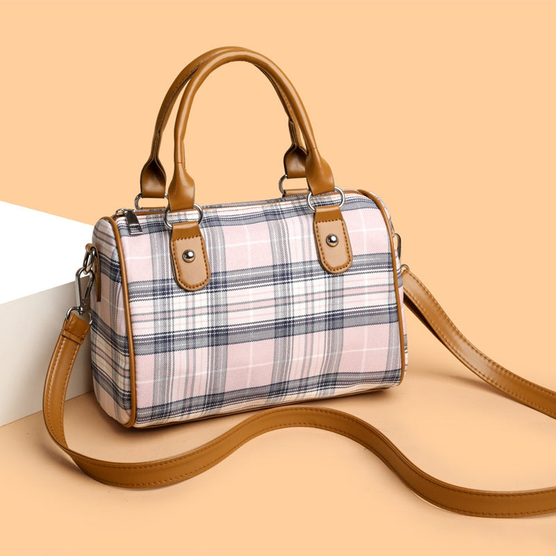 Plaid Style Round Barrel Shoulder Bag