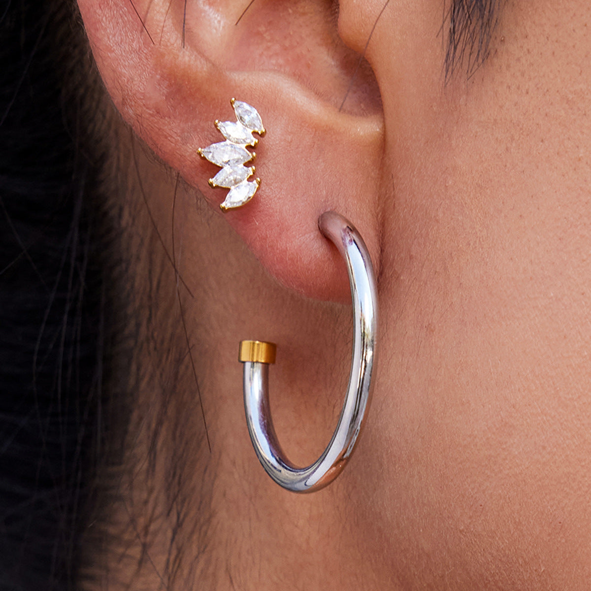 Gold And Silver Two-tone Minimalist C-shaped Earrings