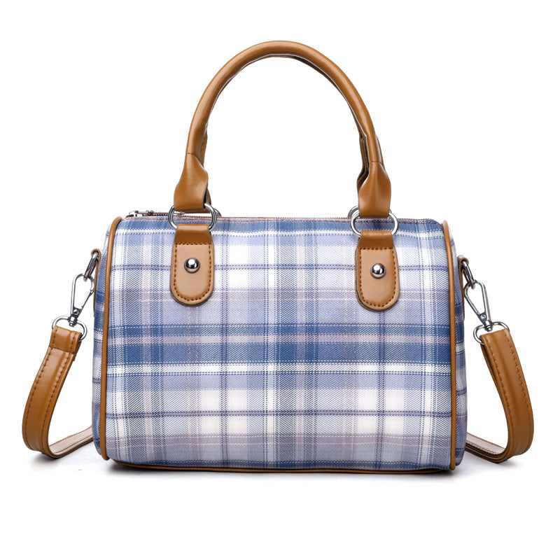 Plaid Style Round Barrel Shoulder Bag