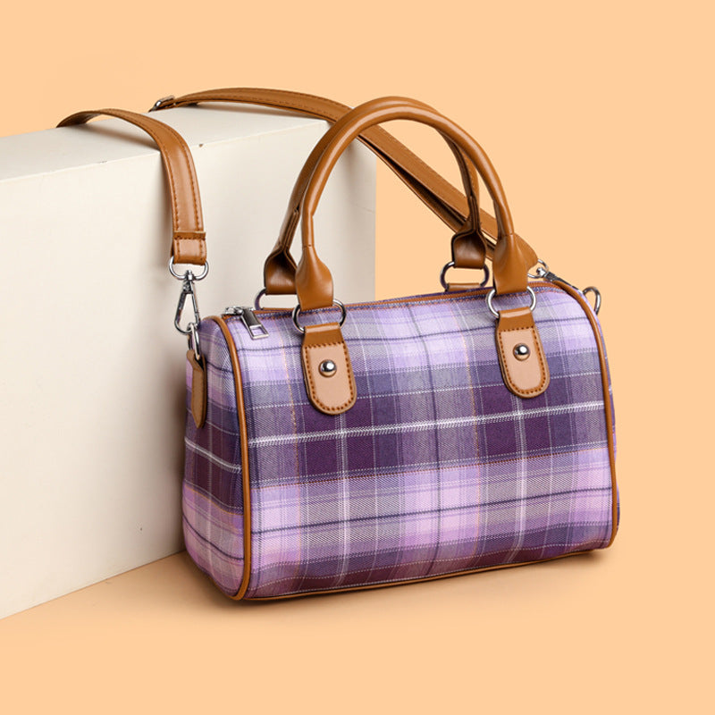 Plaid Style Round Barrel Shoulder Bag